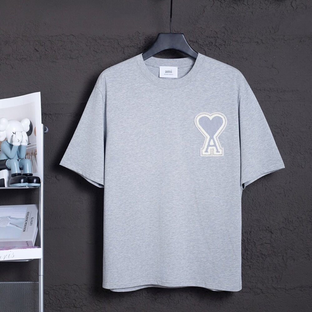 Ami Paris Gray T-Shirt with Patch Heart Logo